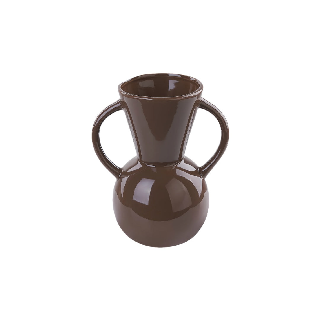 Mid-Century Modern Chocolate Brown Glossy Ceramic Amphora Vase - 11 inch Dual Handle Decorative Urn