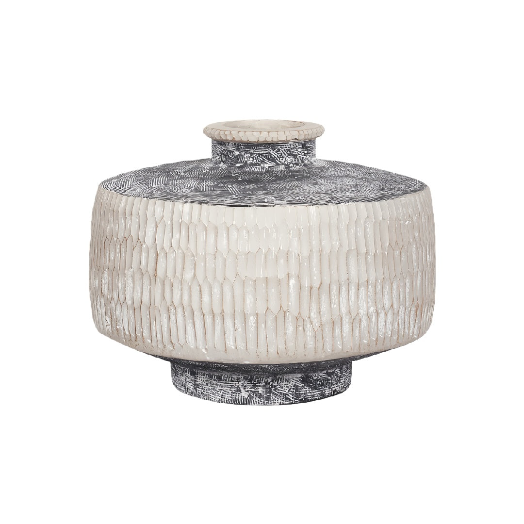 Modern Hand-Carved White and Grey Stoneware Vase - 9 inch Low Profile Textured Decorative Bowl