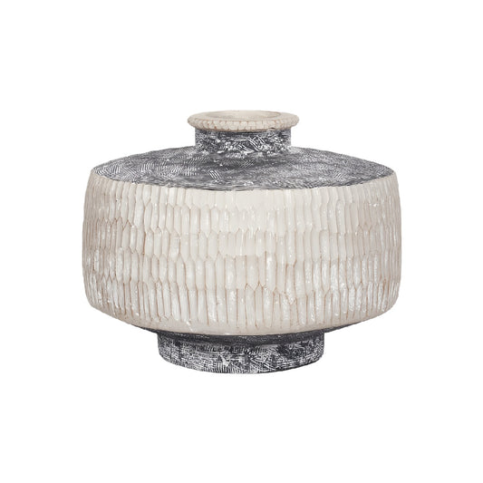 Modern Hand-Carved White and Grey Stoneware Vase - 9 inch Low Profile Textured Decorative Bowl