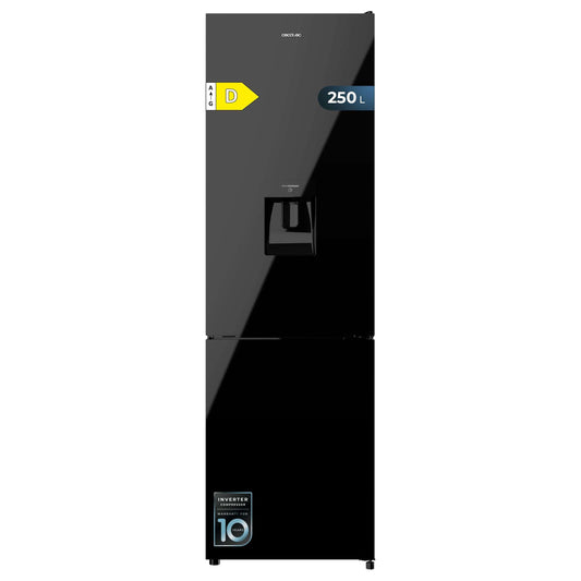 Cecotec Réfrigérateur combiné Bolero CoolMarket Combi 250 WD Black Glass D. Capacité de 250L, classe D, compresseur Inverter, Total No Frost, porte réversible, distributeur d'eau et LED intérieure.