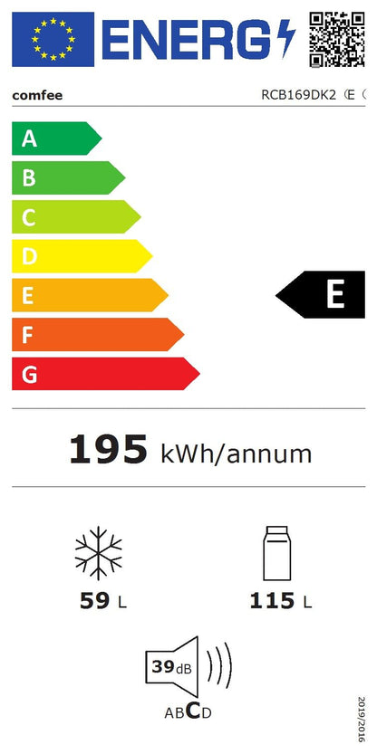 Comfee' RCB169DK2(E) 174L Réfrigérateur avec Congélateur/Hauteur 150 cm/Low Frost/Température Réglable du Réfrigérateur/Lumière LED/195 kWh/an/115L Réfrigérateur/59L Congélateur/Noir