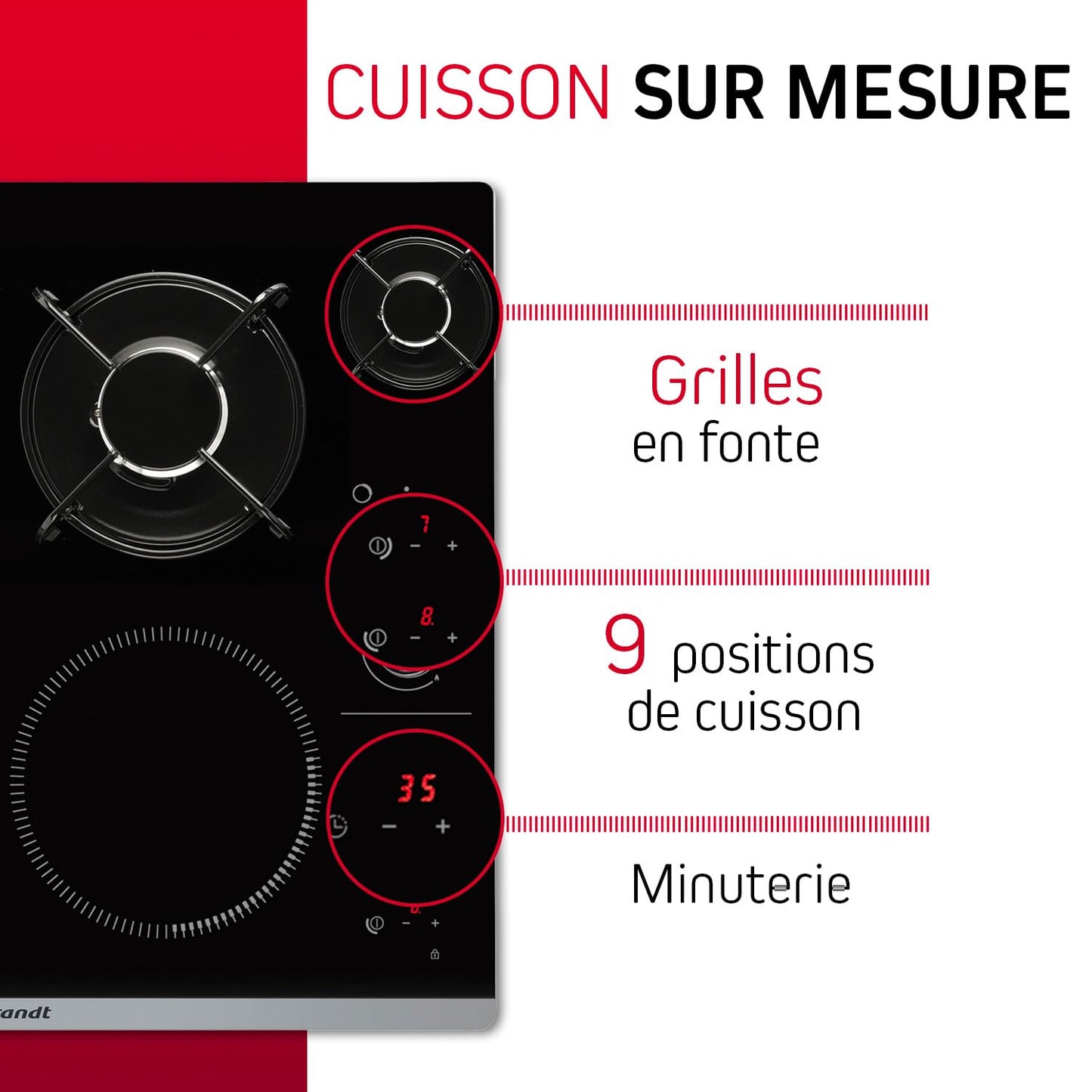 Brandt - BPI6413BM - Plaque Induction et Gaz - Table de Cuisson - Noir - 4 Foyers - 3400W Electrique et 4600 Gaz - Dimensions Encastrement : 56x49cm -