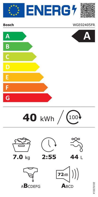Bosch WGE02405FR, Série 2, Lave-linge Pose-libre, 7 kg, 1400 trs/min, Blanc