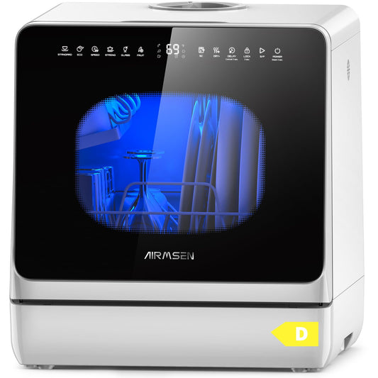 AIRMSEN Mini Lave-Vaisselle de Table, Lave-Vaisselle Portable 5L, 8 Programmes + 3 Programmes supplémentaires, Départ Différé 1-18 h, Adoucisseur d’Eau et Sécurité Enfant