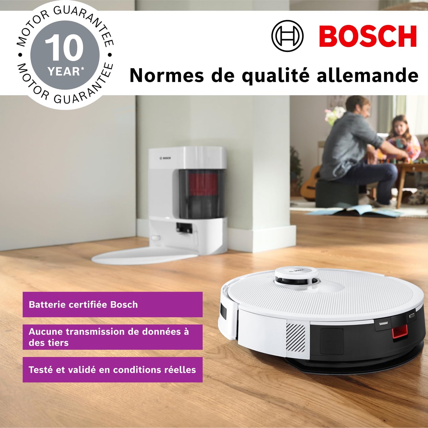 Bosch Spotless + BCRD1W Robot aspirateur-Laveur, 11 000 Pa, serpillère Statique, Station de Service, Navigation Smart Vision Infrarouge, Application Home Connect, Blanc