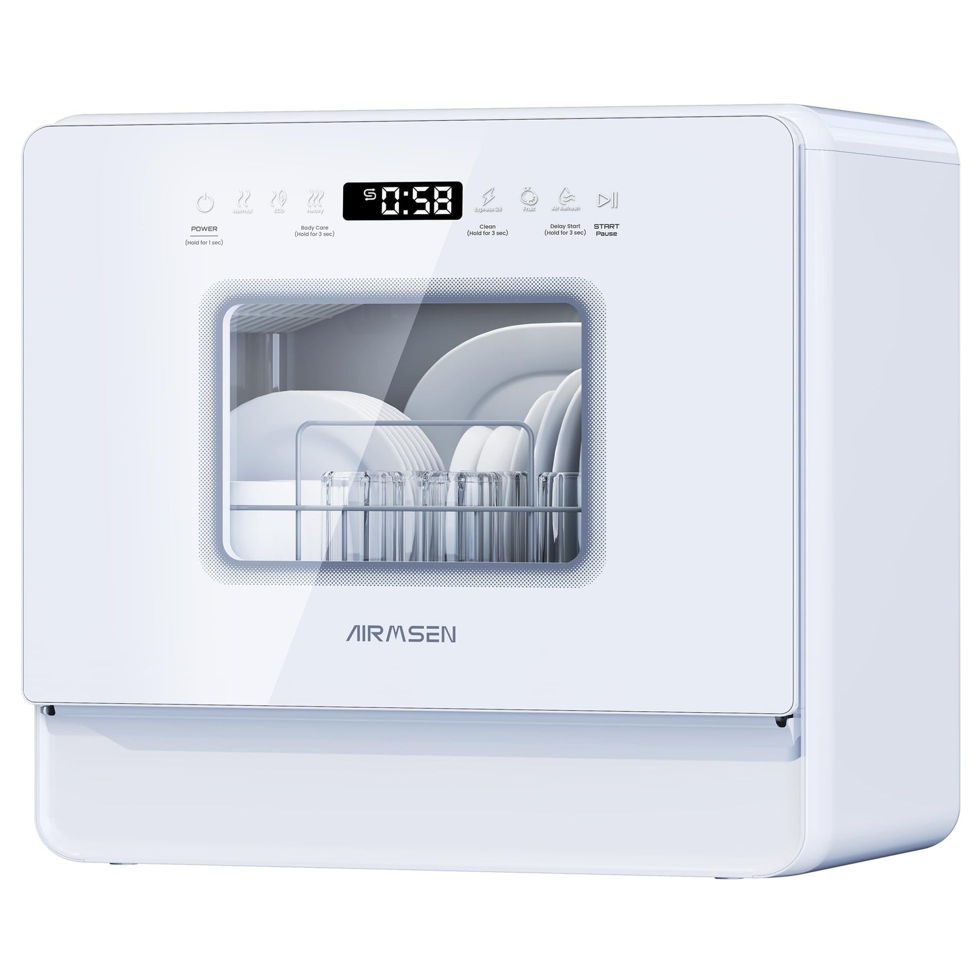 AIRMSEN Lave-vaisselle de Table Mini Lave-vaisselle avec 7+2 Programmes, Fonction Sel Adoucissant Commande Tactile Affichage à LED Réservoir d'Eau 5L, Lave-vaisselle Compact pour Appartements Dortoirs