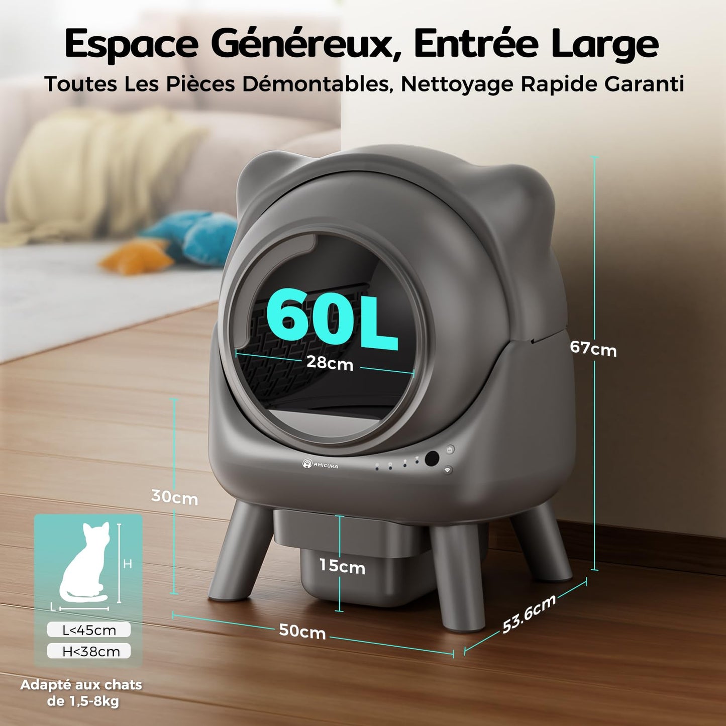 Amicura Cura X1 Litière Chat Autonettoyant avec Contrôle par Application,Capteur de Sécurité (Anti-Pinch), Anti-odeurs, Bac à Litière Autonettoyant, Litière Automatique Facile à Nettoyer