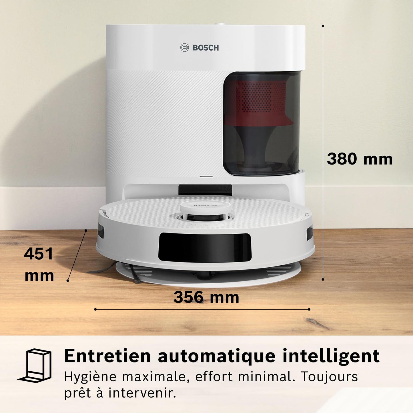 Bosch Spotless + BCRD1W Robot aspirateur-Laveur, 11 000 Pa, serpillère Statique, Station de Service, Navigation Smart Vision Infrarouge, Application Home Connect, Blanc