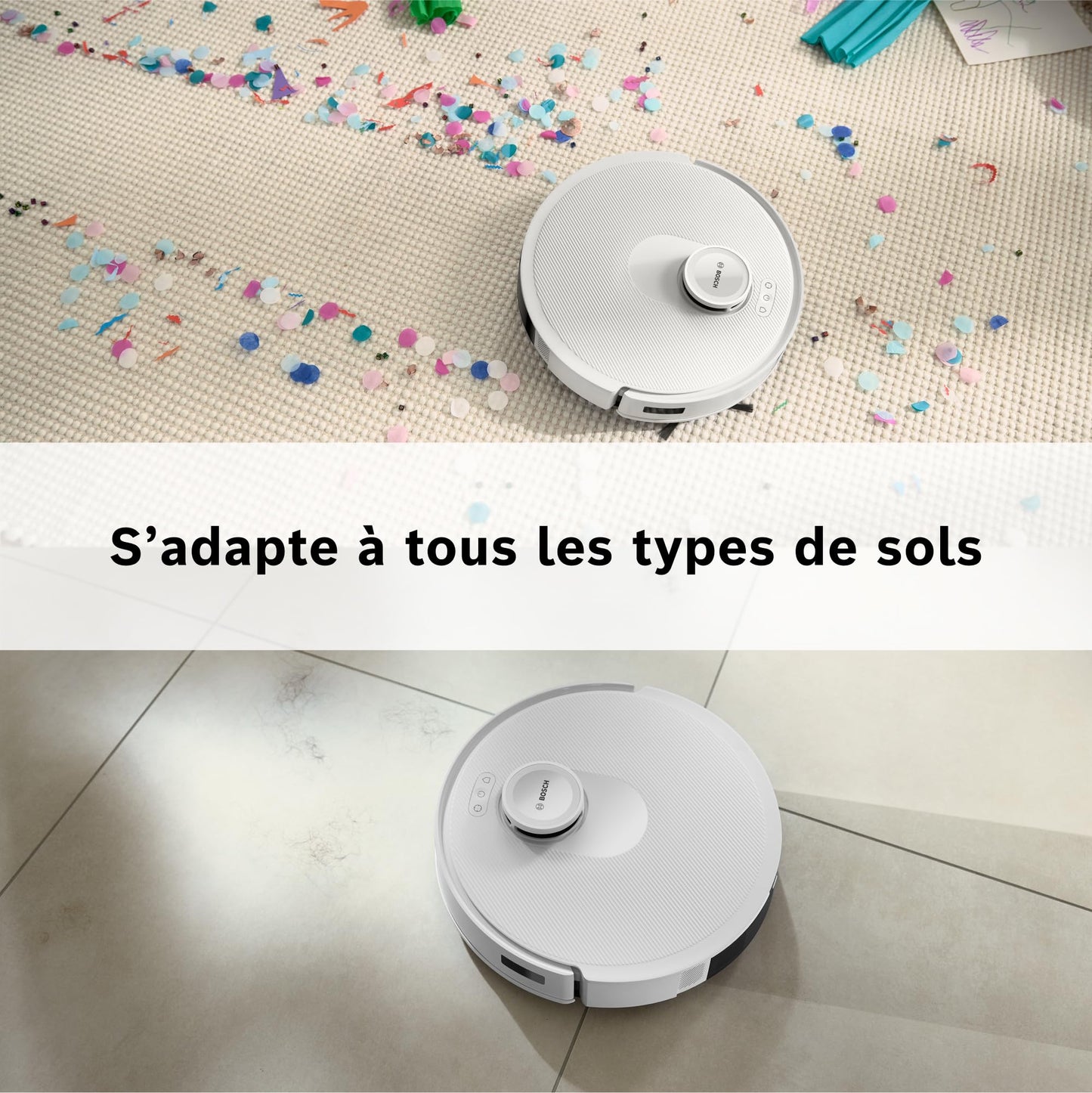 Bosch Spotless + BCRD1W Robot aspirateur-Laveur, 11 000 Pa, serpillère Statique, Station de Service, Navigation Smart Vision Infrarouge, Application Home Connect, Blanc