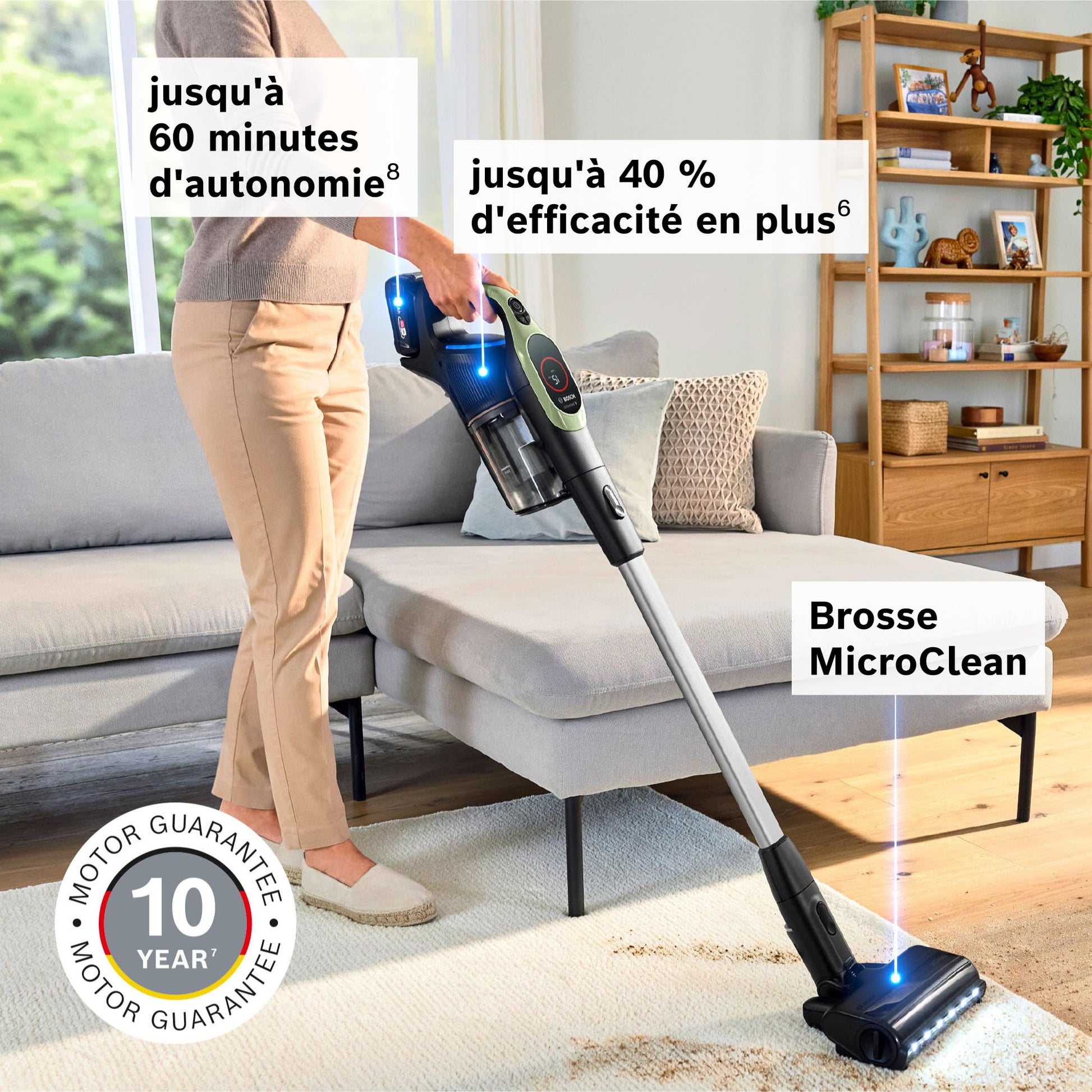 Bosch, aspirateur Balai sans Fil, Unlimited 9, Batterie 3.0 Ah, Technologie MicroClean, bac à poussières Facile à Vider, éclairage LED, Vert, BBS921TBA