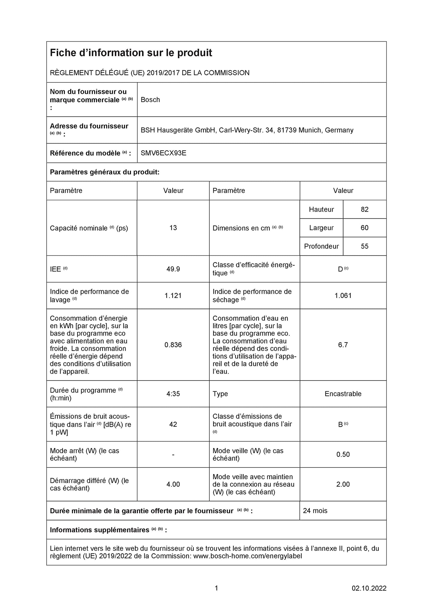 Bosch SMV6ECX93E, Série 6, Lave-vaisselle tout encastrable, Home Connect, 13 couverts, Silence Plus 40 dB