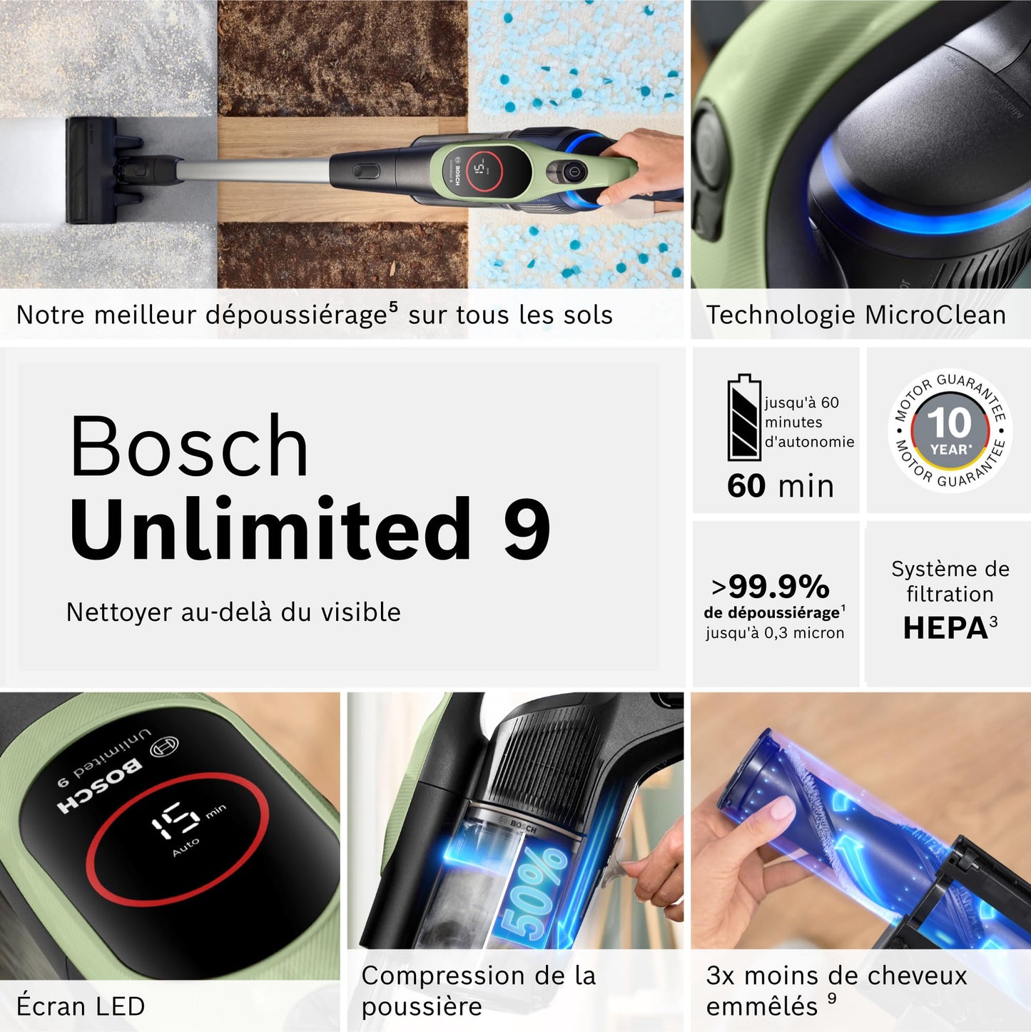 Bosch, aspirateur Balai sans Fil, Unlimited 9, Batterie 3.0 Ah, Technologie MicroClean, bac à poussières Facile à Vider, éclairage LED, Vert, BBS921TBA