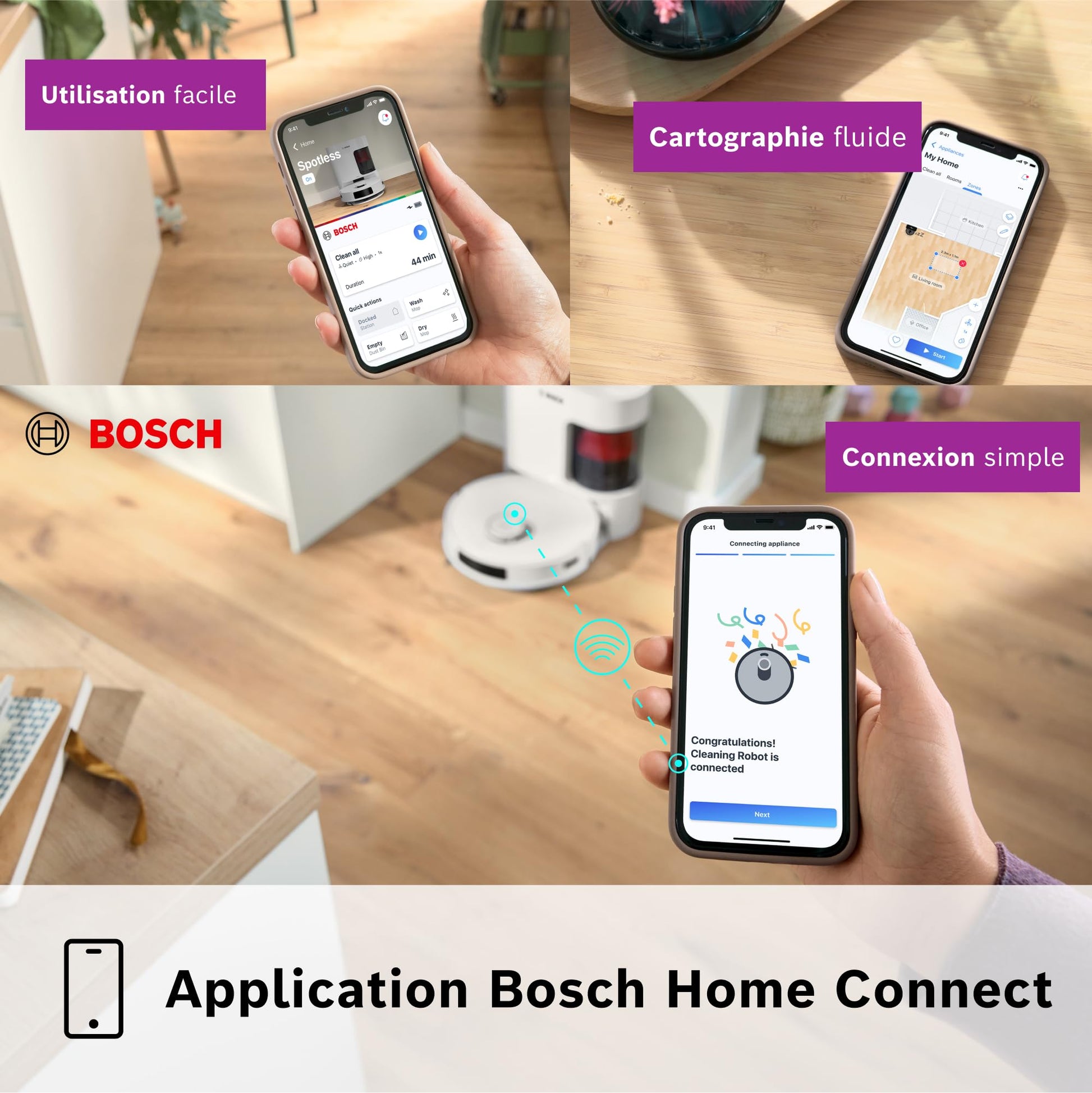 Bosch Spotless + BCRD1W Robot aspirateur-Laveur, 11 000 Pa, serpillère Statique, Station de Service, Navigation Smart Vision Infrarouge, Application Home Connect, Blanc