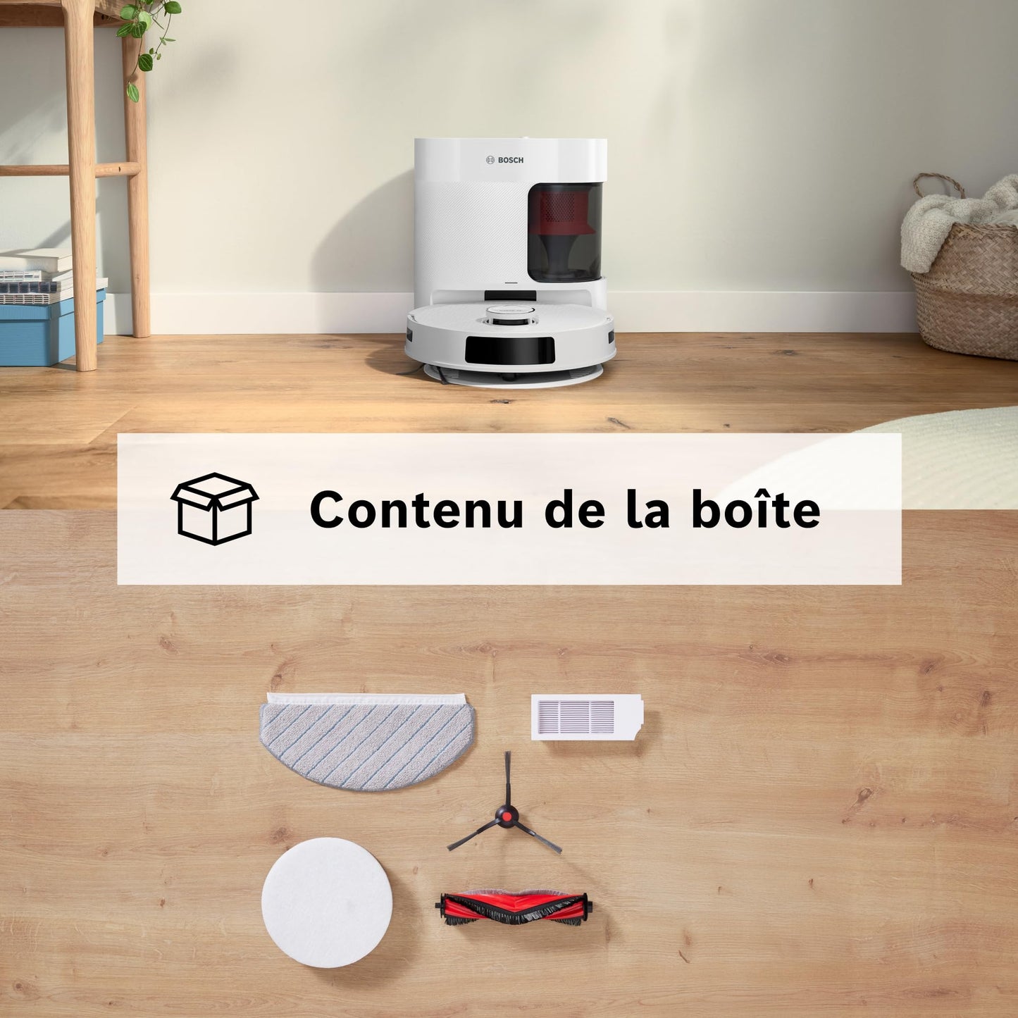 Bosch Spotless + BCRD1W Robot aspirateur-Laveur, 11 000 Pa, serpillère Statique, Station de Service, Navigation Smart Vision Infrarouge, Application Home Connect, Blanc