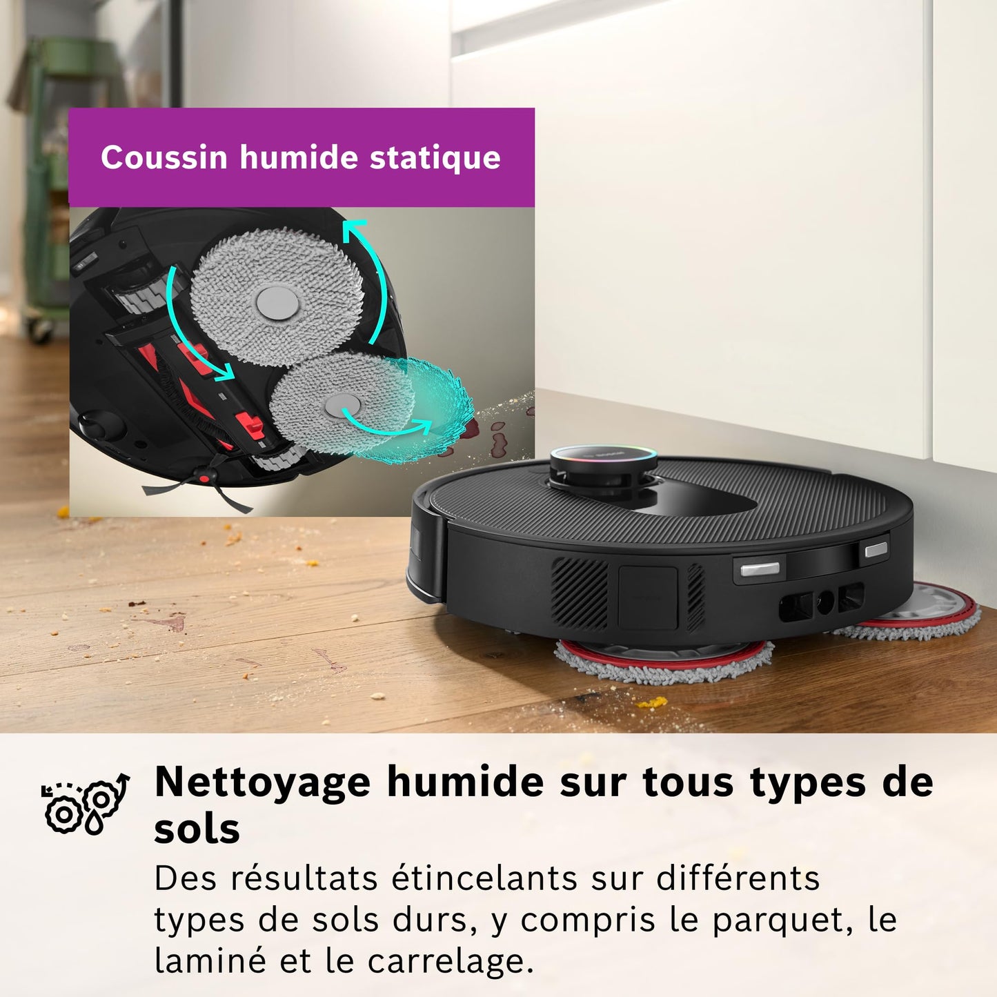 Bosch Spotless Max Cam BCRDW3BX, Robot aspirateur-Laveur avec caméra Smart Vision, serpillère rotative, 11 000 Pa, Station de Service sèche-Humide, Application Home Connect, Noir