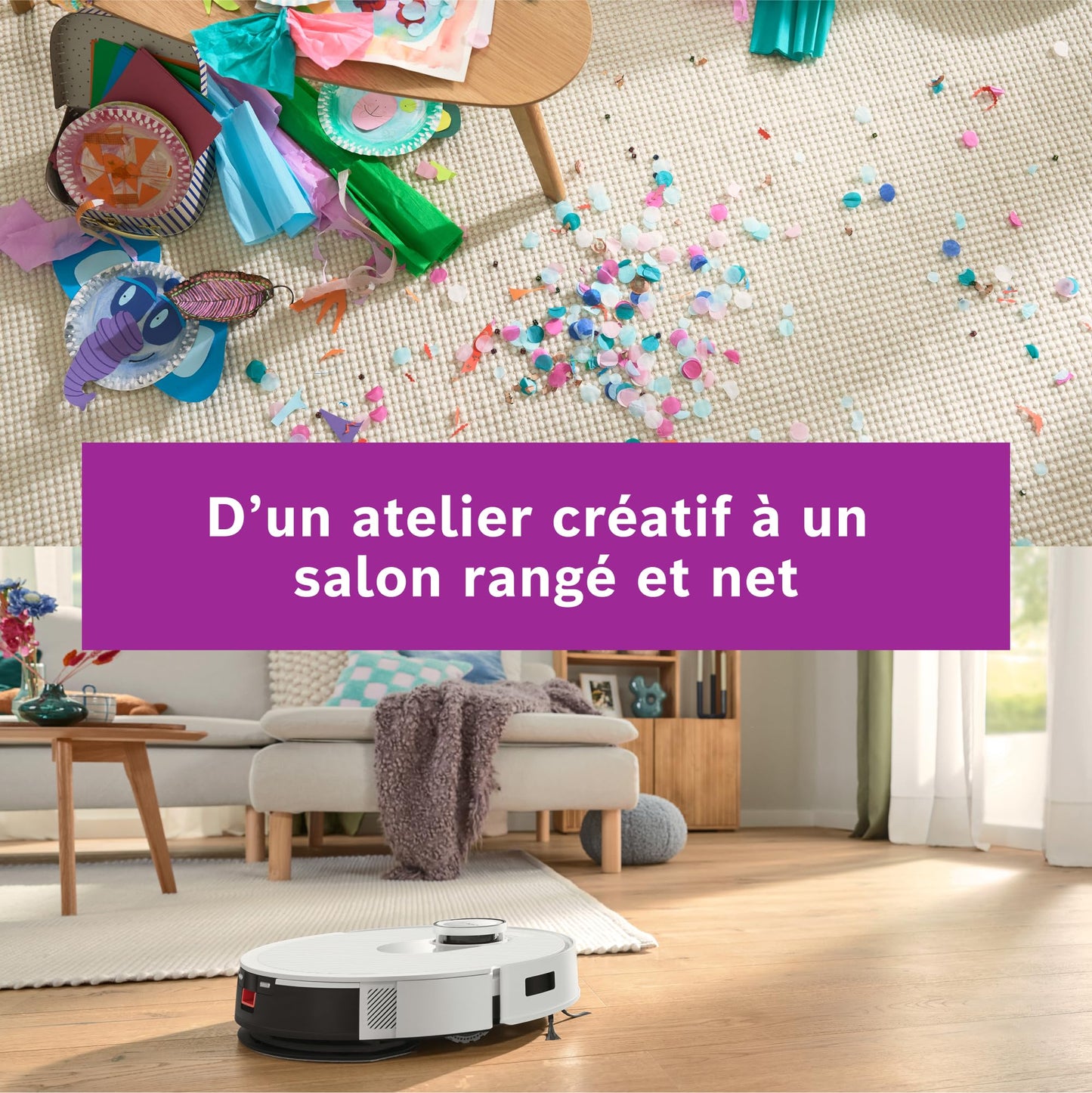 Bosch Spotless + BCRD1W Robot aspirateur-Laveur, 11 000 Pa, serpillère Statique, Station de Service, Navigation Smart Vision Infrarouge, Application Home Connect, Blanc