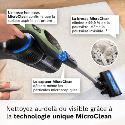 Bosch, aspirateur Balai sans Fil, Unlimited 9, Batterie 3.0 Ah, Technologie MicroClean, bac à poussières Facile à Vider, éclairage LED, Vert, BBS921TBA