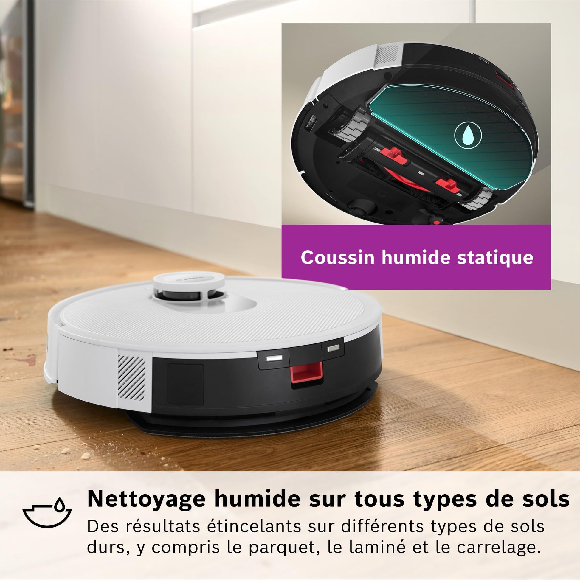 Bosch Spotless + BCRD1W Robot aspirateur-Laveur, 11 000 Pa, serpillère Statique, Station de Service, Navigation Smart Vision Infrarouge, Application Home Connect, Blanc