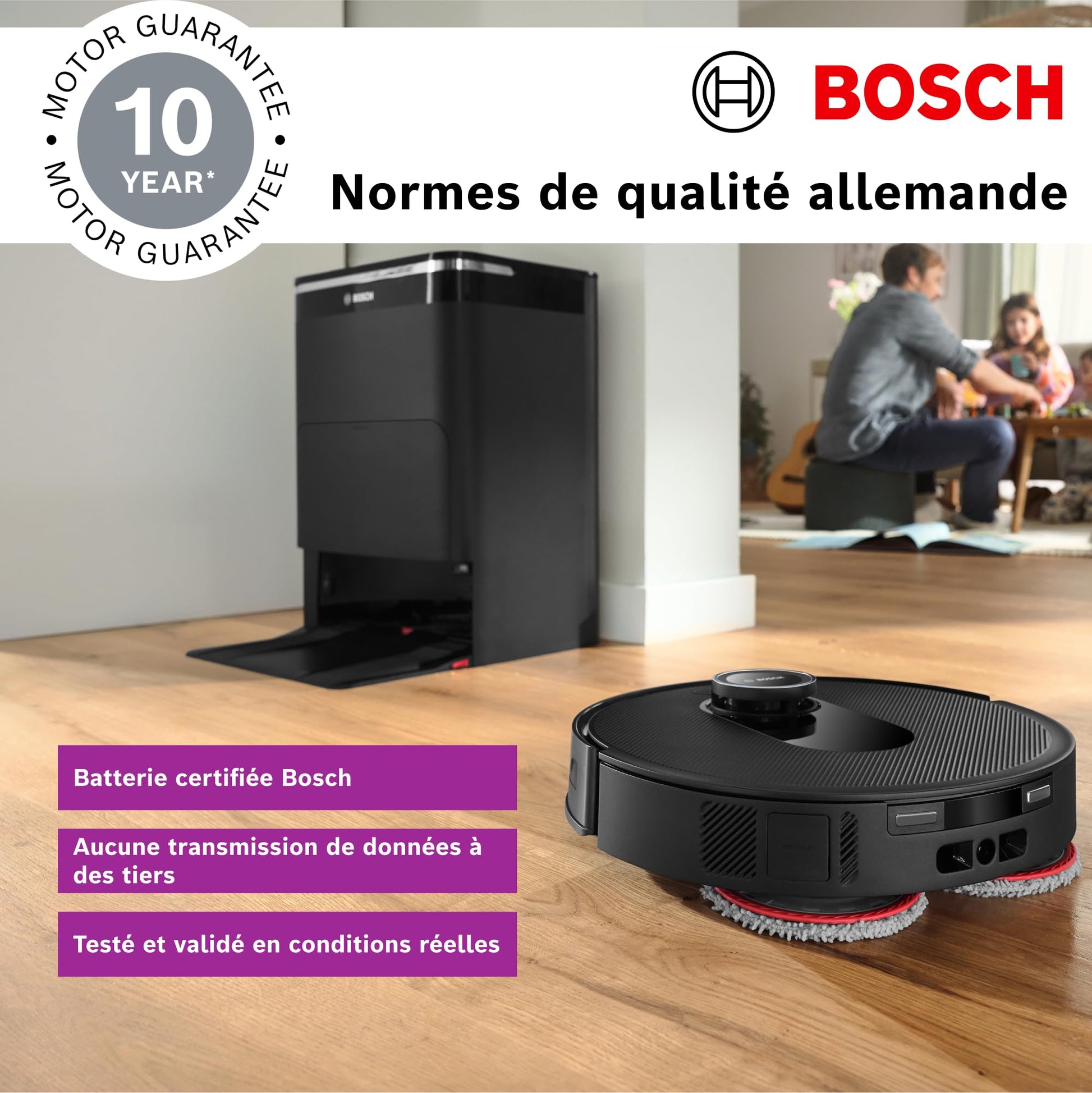 Bosch Spotless Max BCRDW3B, Robot aspirateur-Laveur avec caméra Smart Vision, serpillère rotative, 11 000 Pa, Station de Service sèche-Humide, Application Home Connect, Noir