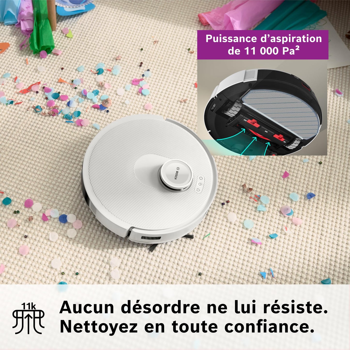 Bosch Spotless + BCRD1W Robot aspirateur-Laveur, 11 000 Pa, serpillère Statique, Station de Service, Navigation Smart Vision Infrarouge, Application Home Connect, Blanc
